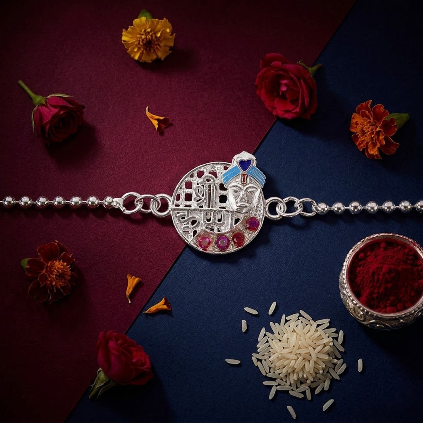 Elegant stone-studded round frame Rakhi for brothers with festive appeal