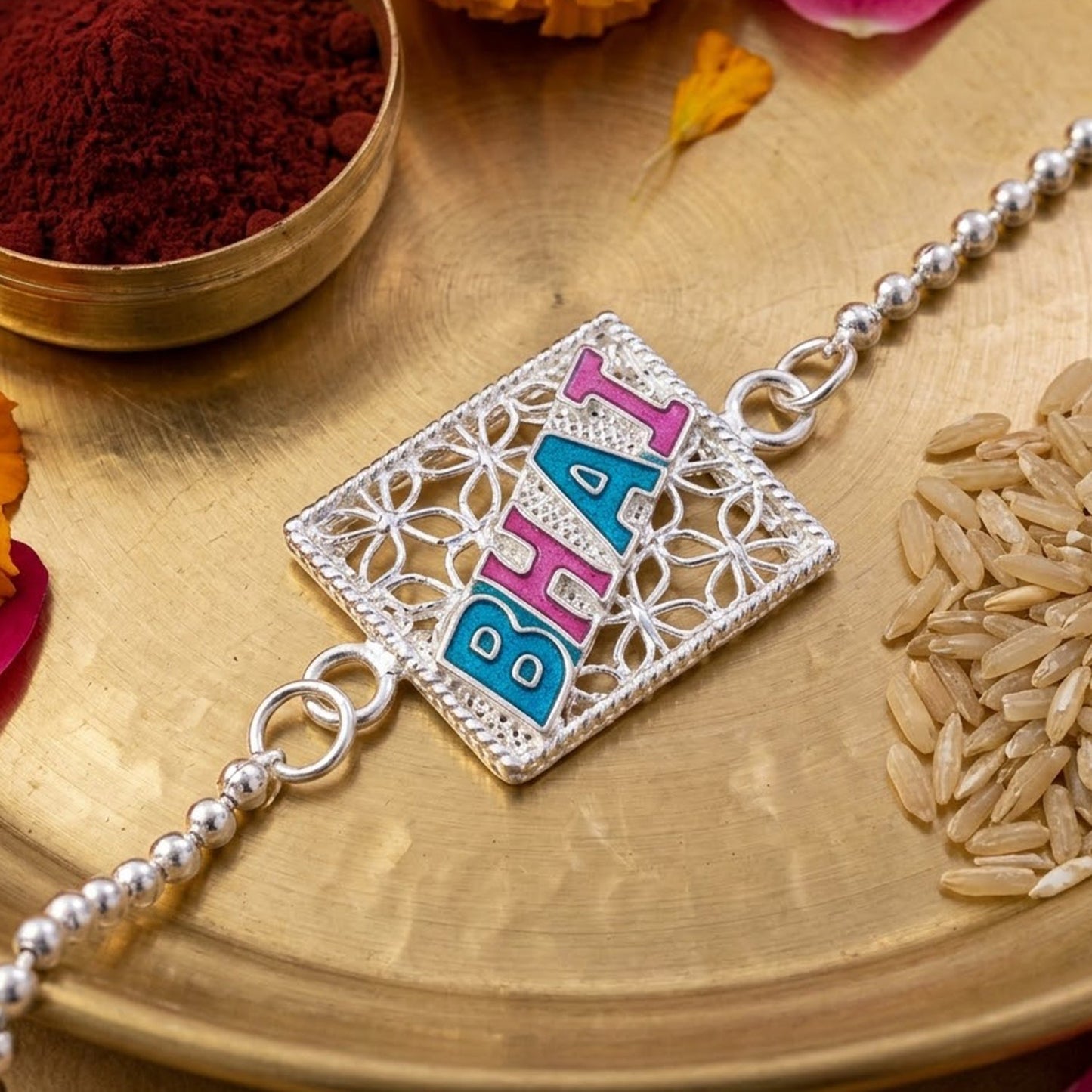 Enamel square charm chain rakhi with intricate design for Raksha Bandhan
