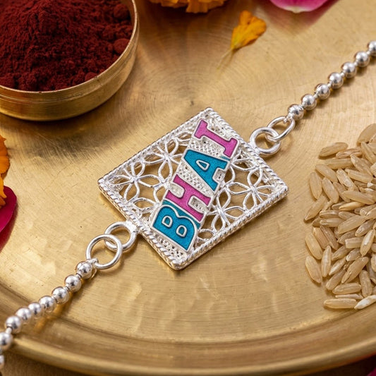 Enamel square charm chain rakhi with intricate design for Raksha Bandhan