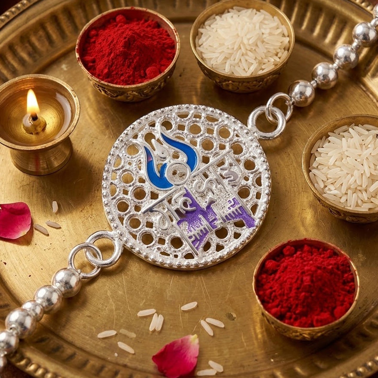 Mahakal Trishul enamel charm Rakhi with traditional design