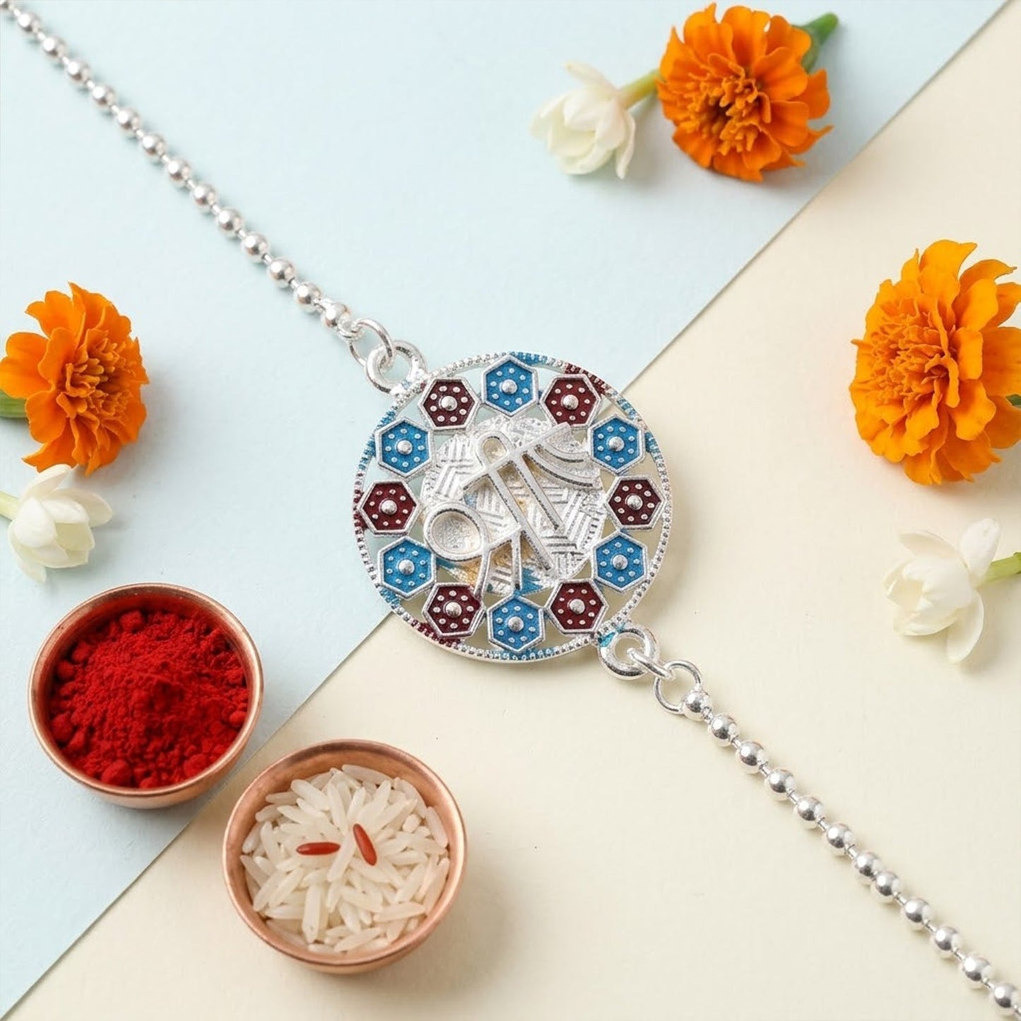 Colorful enamel charm chain Rakhi with festive design for brothers