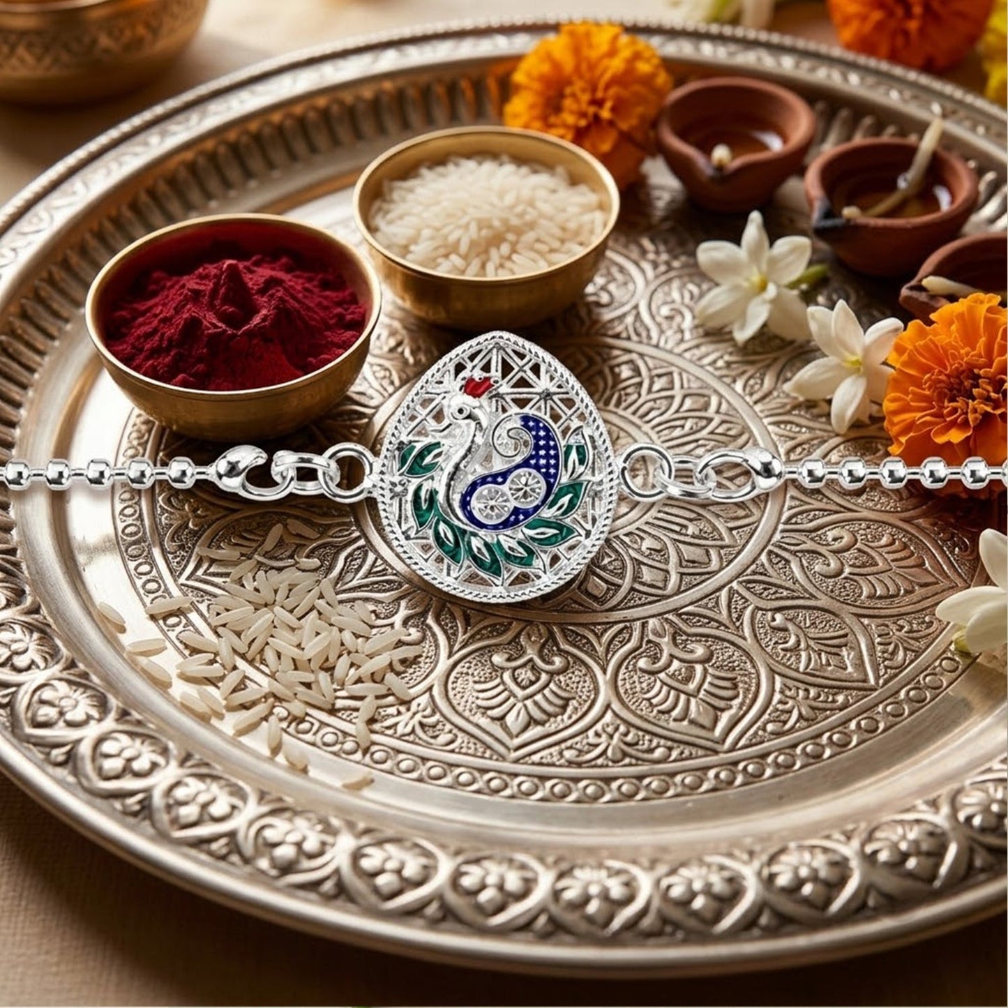 Beautiful peacock themed enamel Rakhi with vibrant colors