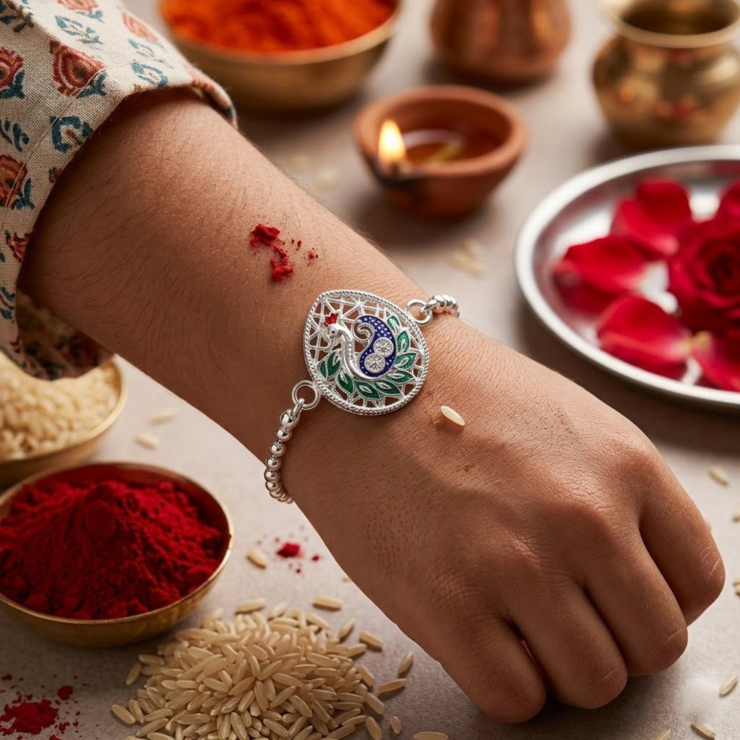 Colorful peacock design enamel Rakhi for brother on Raksha Bandhan