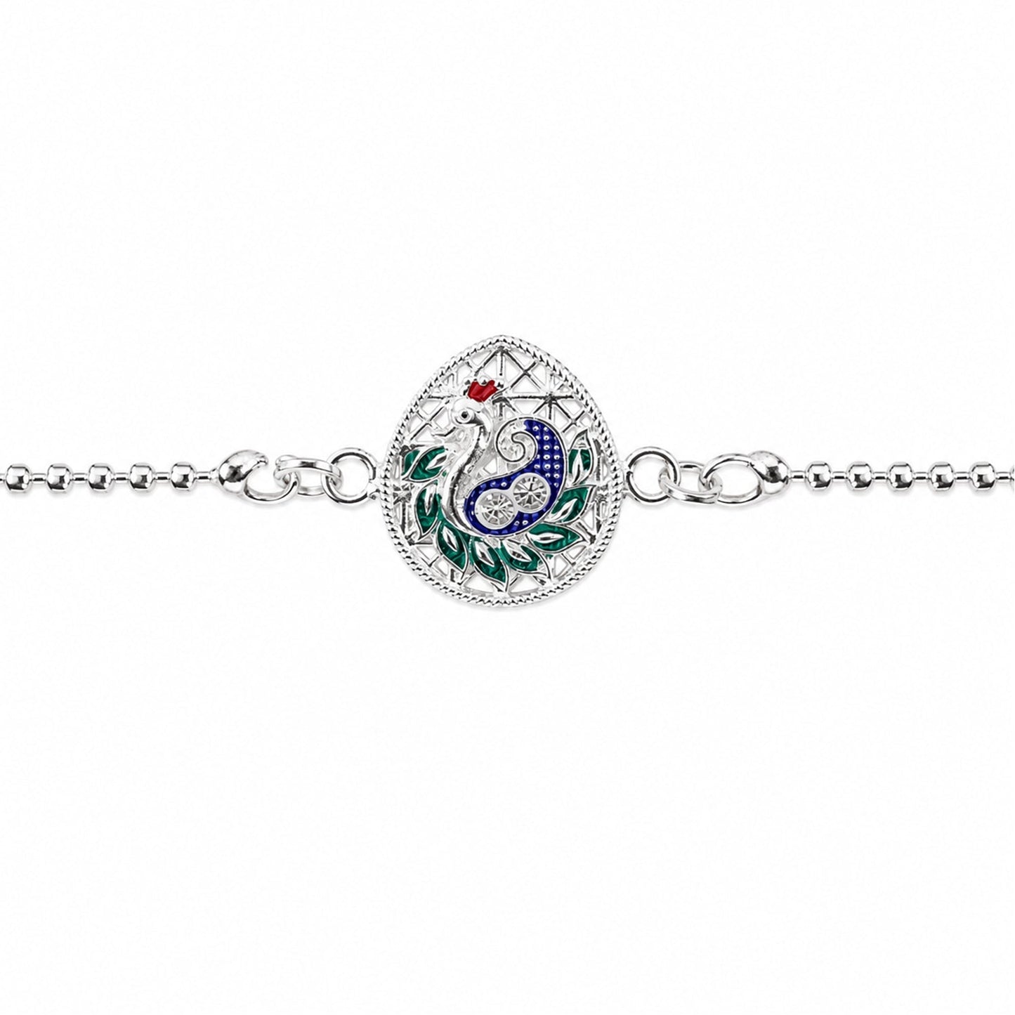 Brightly colored enamel peacock Rakhi for special occasion