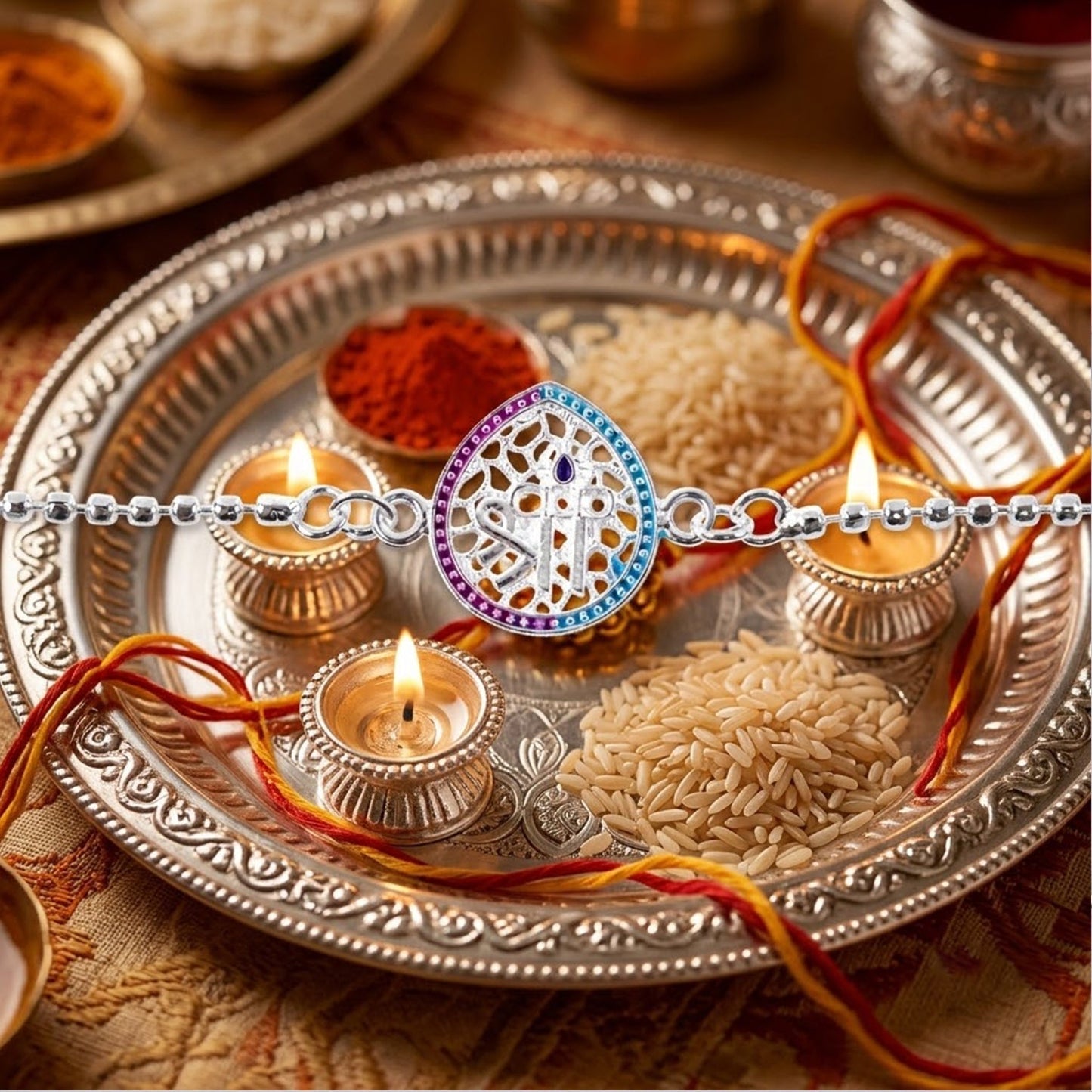 Adjustable chain bracelet rakhi with vibrant enamel and spiritual symbols