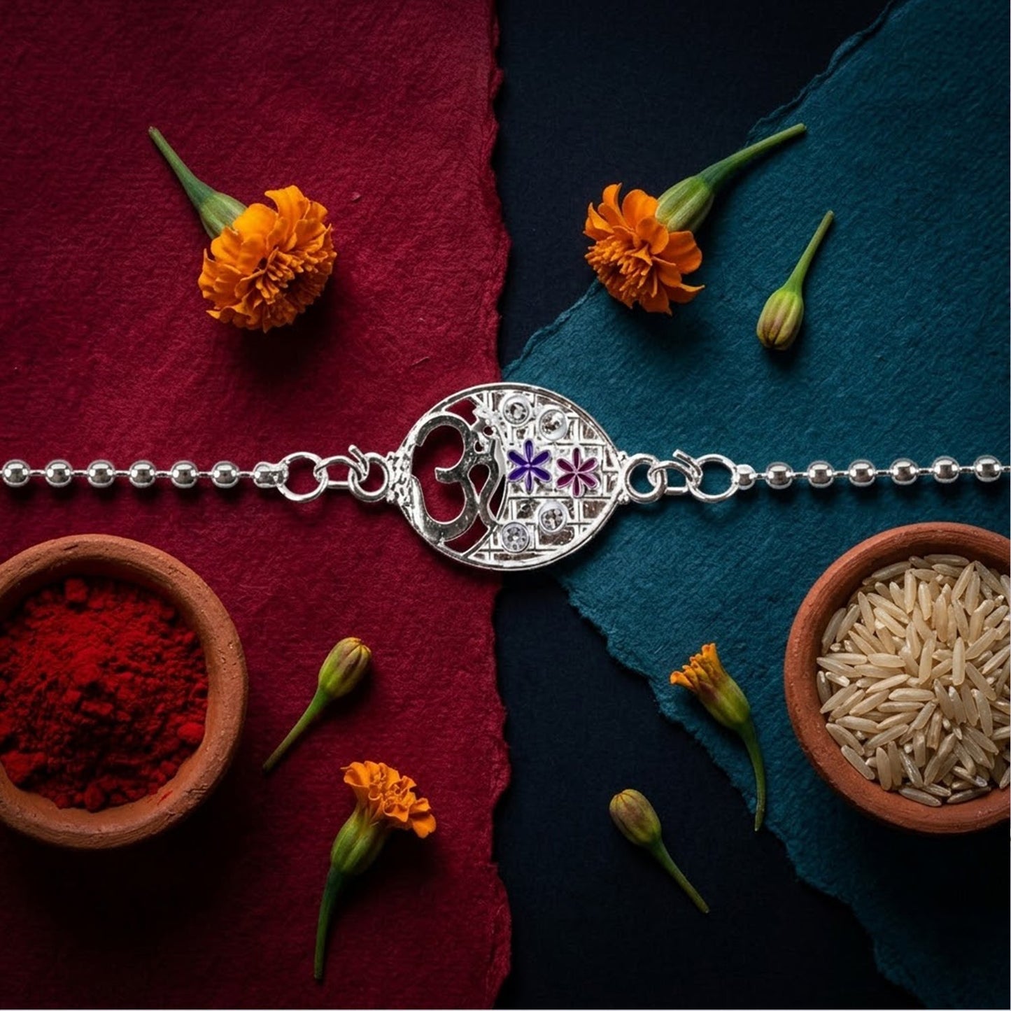 Traditional Om symbol Rakhi with vibrant floral detailing, ideal for gifting