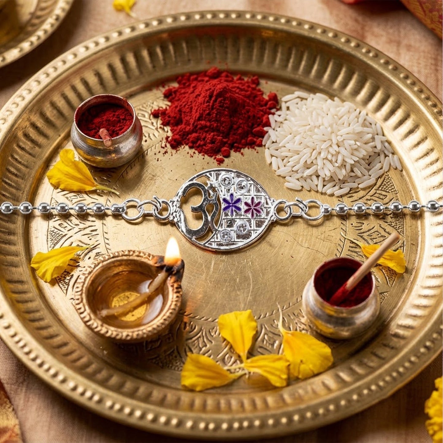 Premium quality floral Rakhi with Om symbol for sister’s love and blessings
