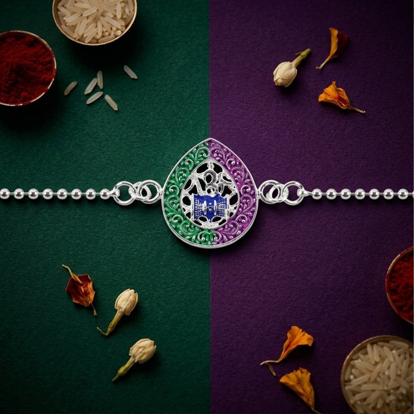 Close-up of Om Damaru charm enamel bracelet rakhi with vibrant colours