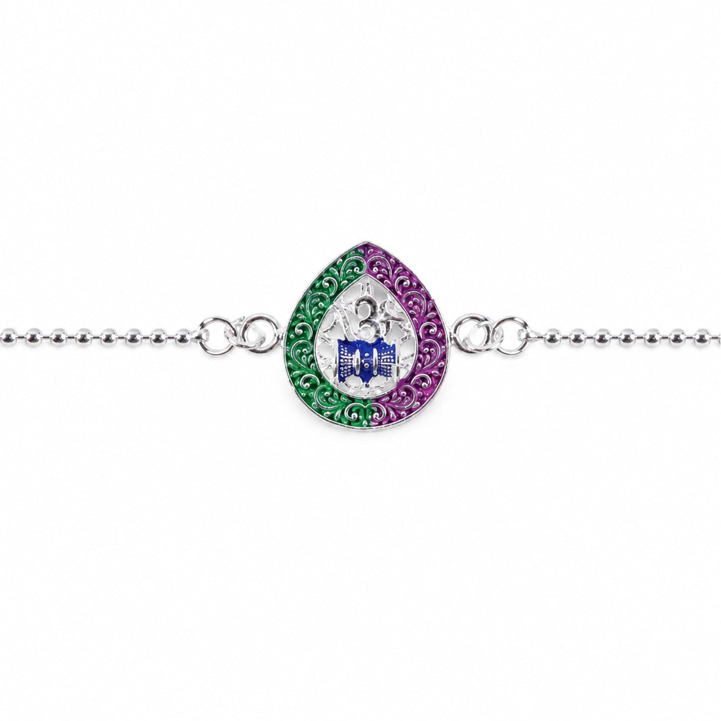Beautifully crafted Om Damaru charm enameled rakhi on detailed chain