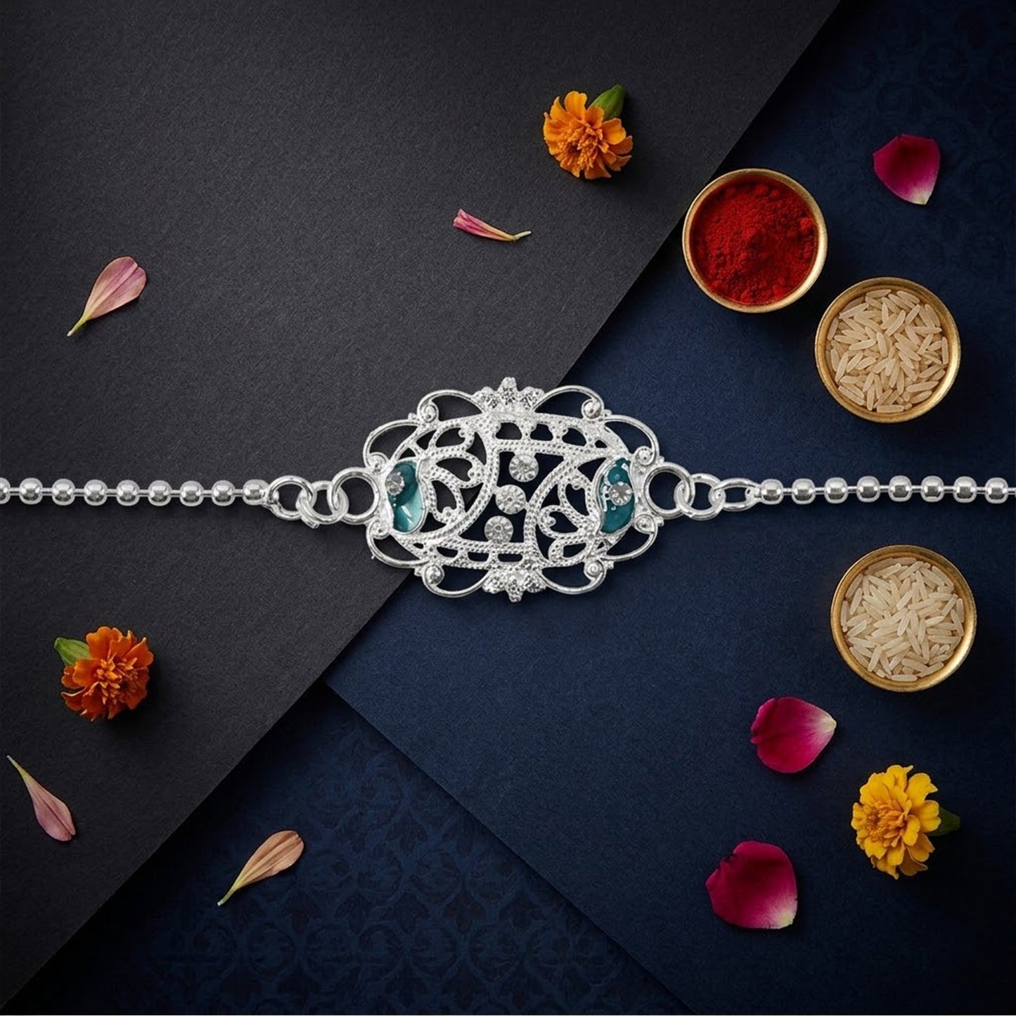 Decorative Rakhi with stylish oval enamel stone representing love and protection