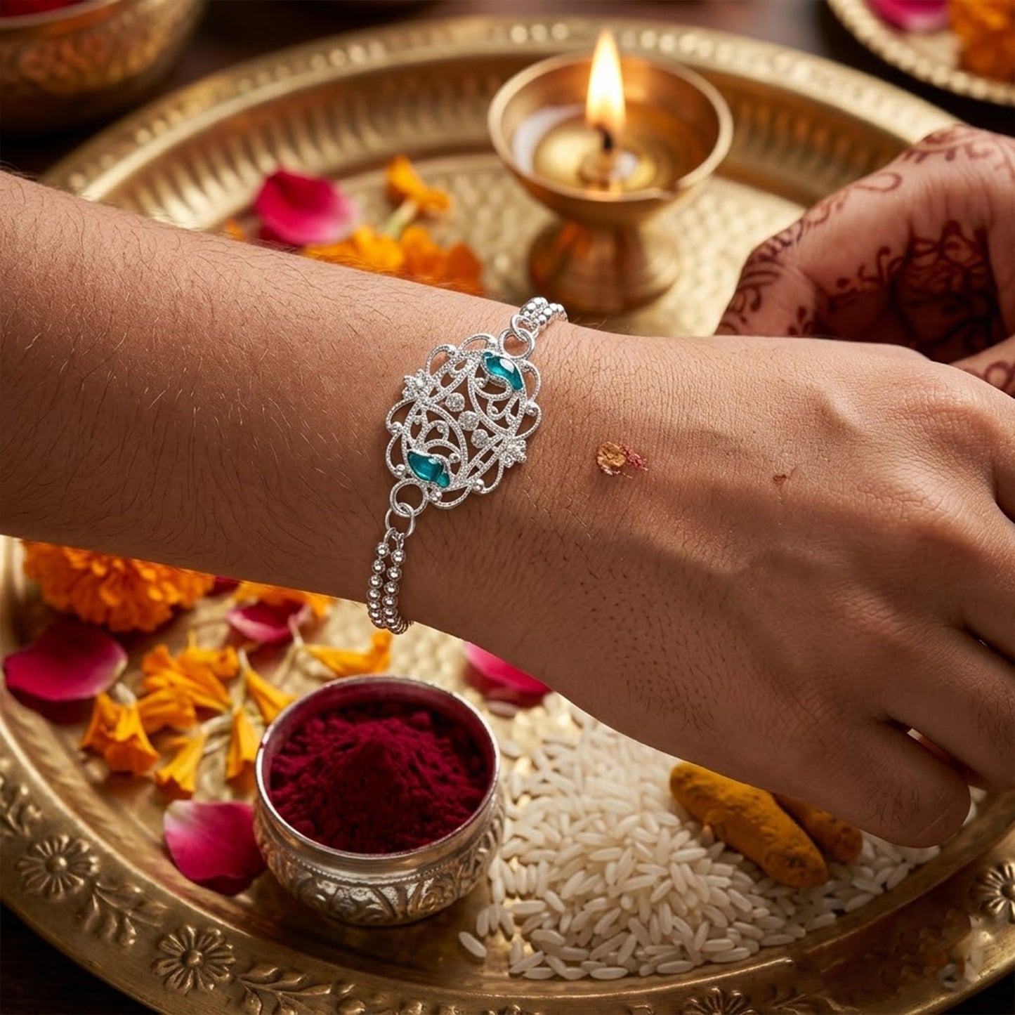 Stylish Rakhi featuring enamel stone bead, perfect for sibling gift