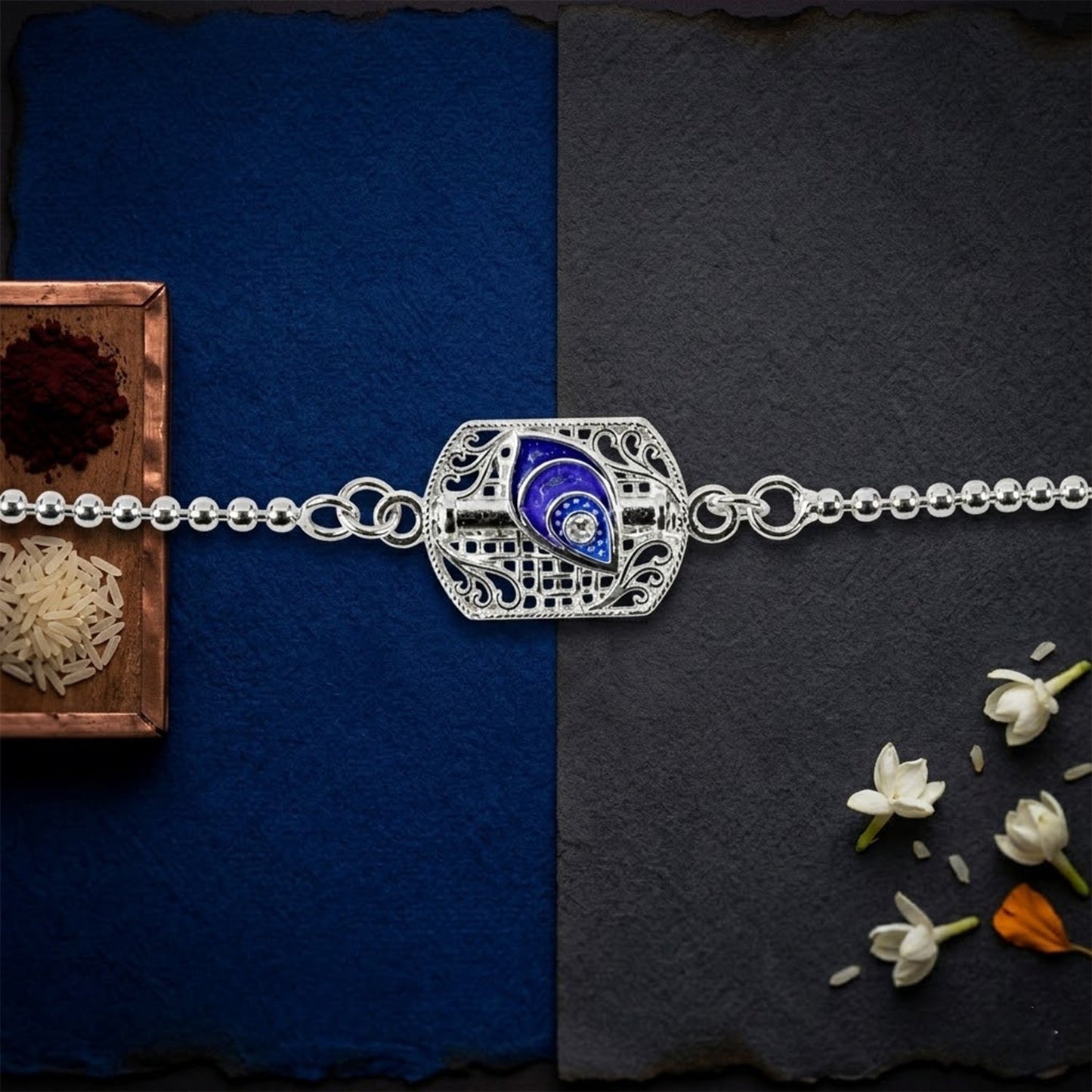 Elegant silver peacock Rakhi on festive background