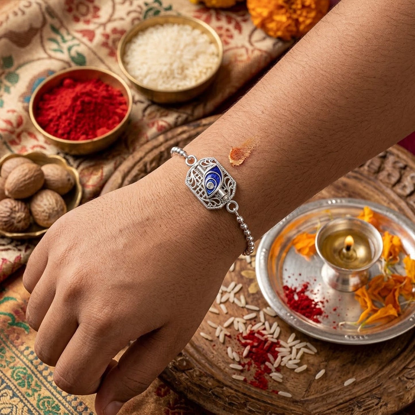 Colorful peacock design enamel Rakhi with traditional thread