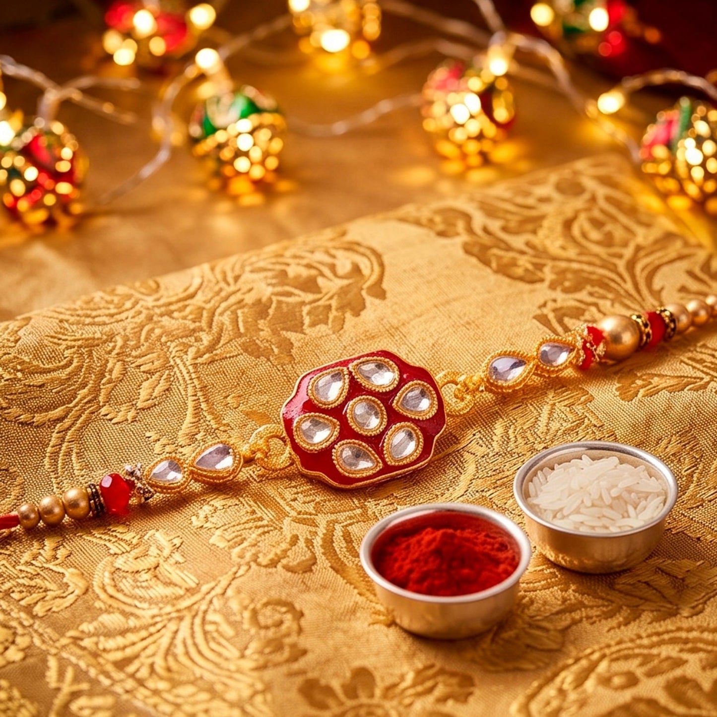 Oval Kundan Multi Stone Enamel Charm Pearl Bead Thread Rakhi for Brother