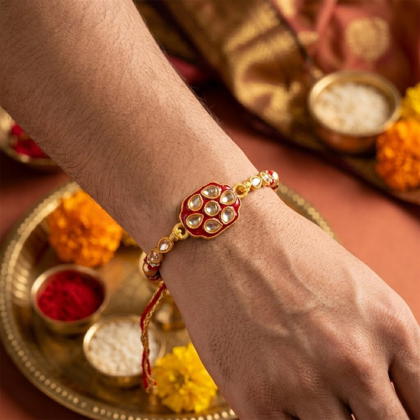 Oval Kundan Multi Stone Enamel Charm Pearl Bead Thread Rakhi for Brother