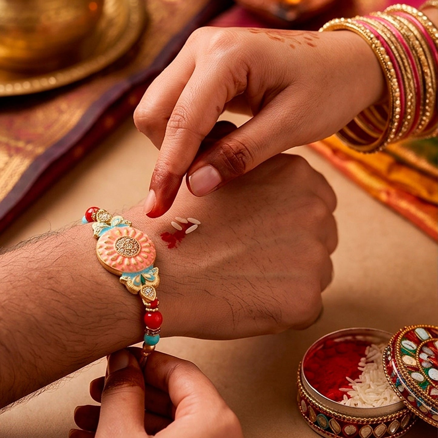 Round Enamel Floral Charm Fancy Bead Tassel Thread Rakhi for Brother