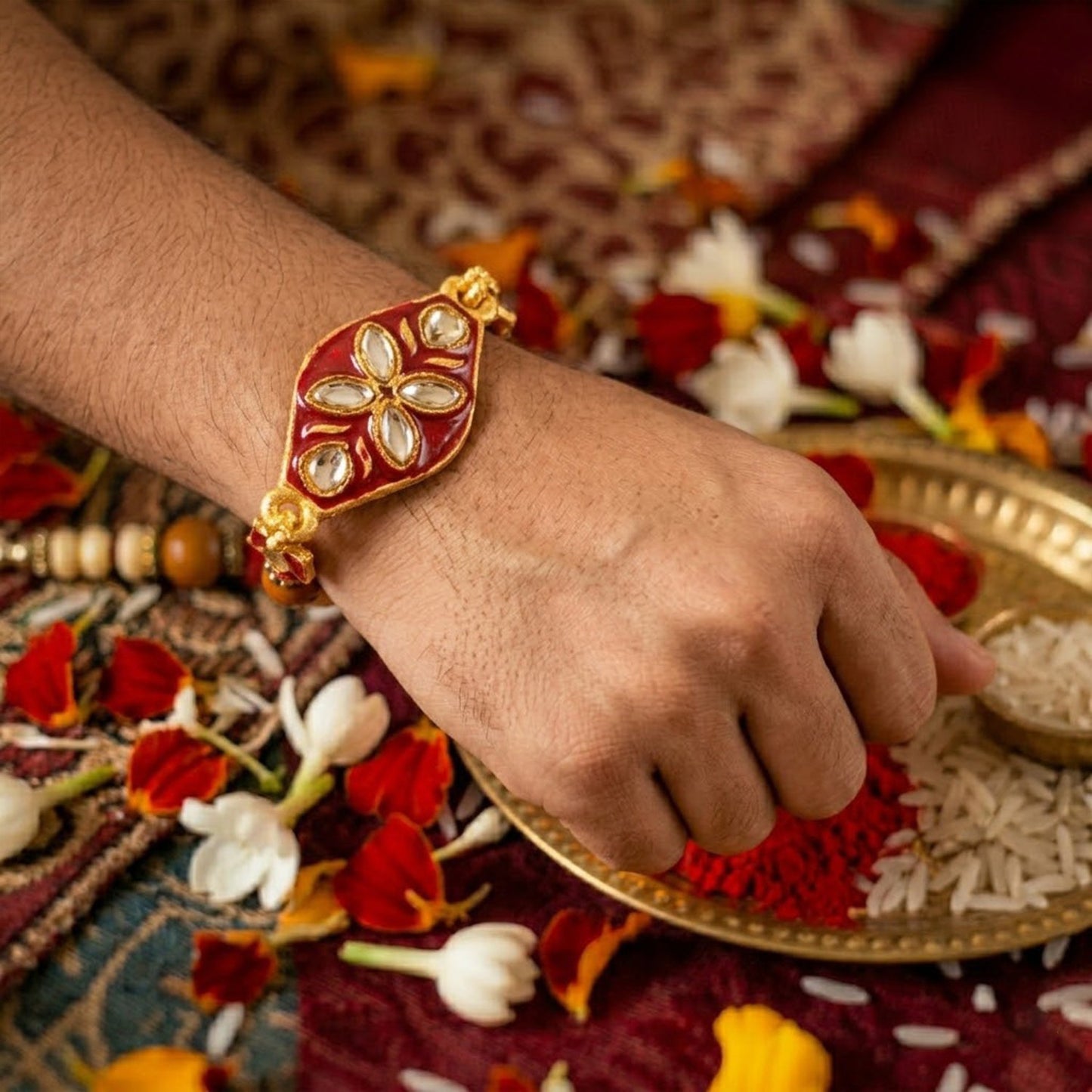 Marquise Kundan Floral Enamel Charm Wooden Pearl Bead Thread Rakhi for Brother