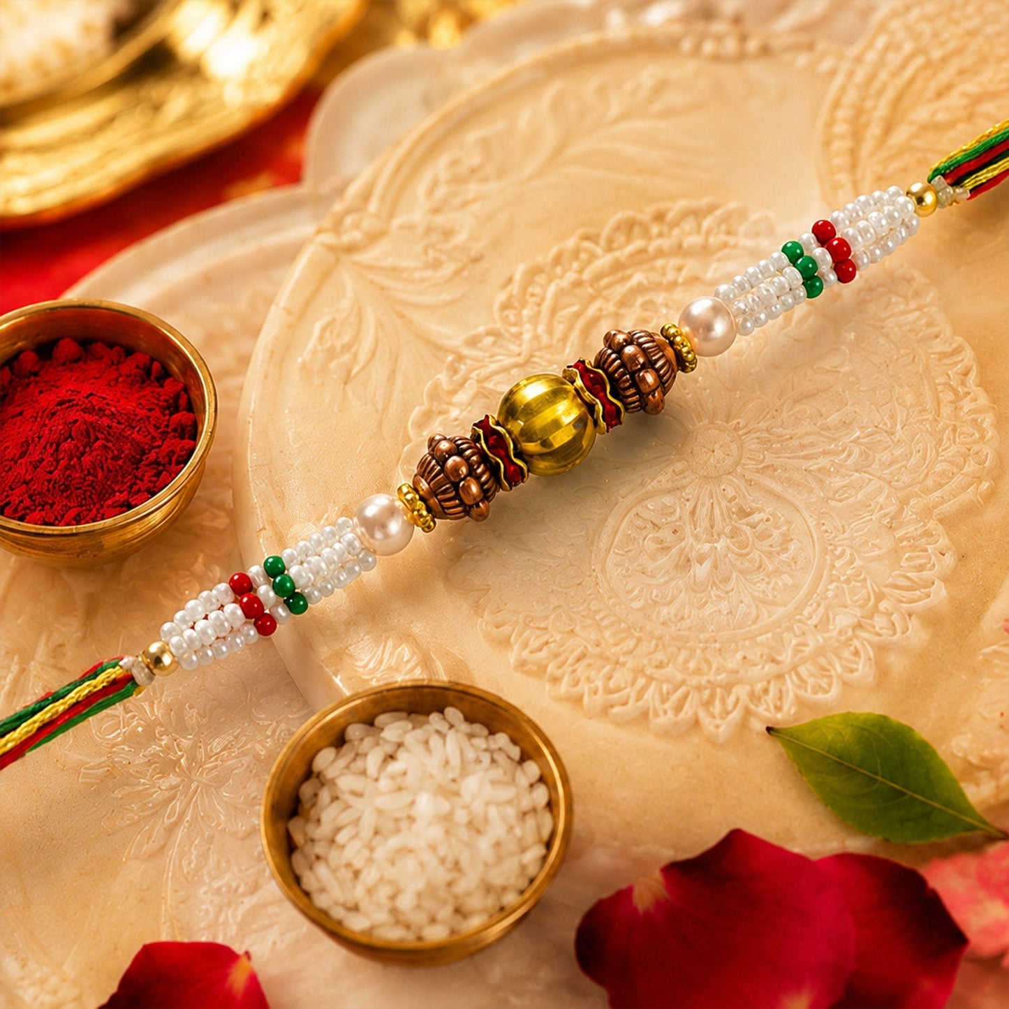 Antique Pearl Bead Fancy Multithread Rakhi for Brother