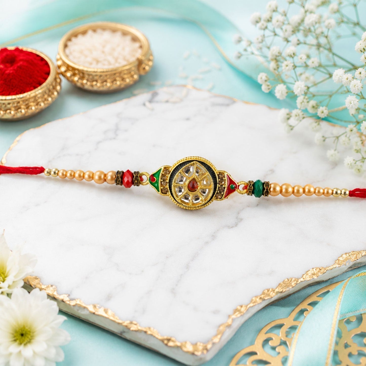 Round Kundan Meenakari Design Crystal Bead Thread Rakhi for Brother