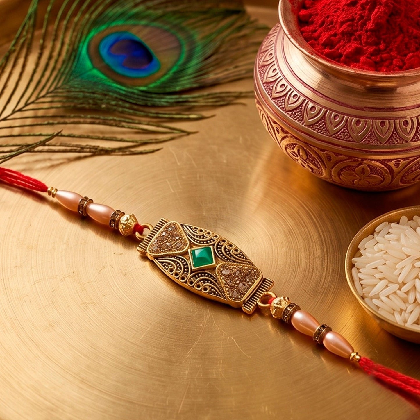 Antique Meenakari Elongated Oval Charm Pearl Bead Thread Rakhi for Brother