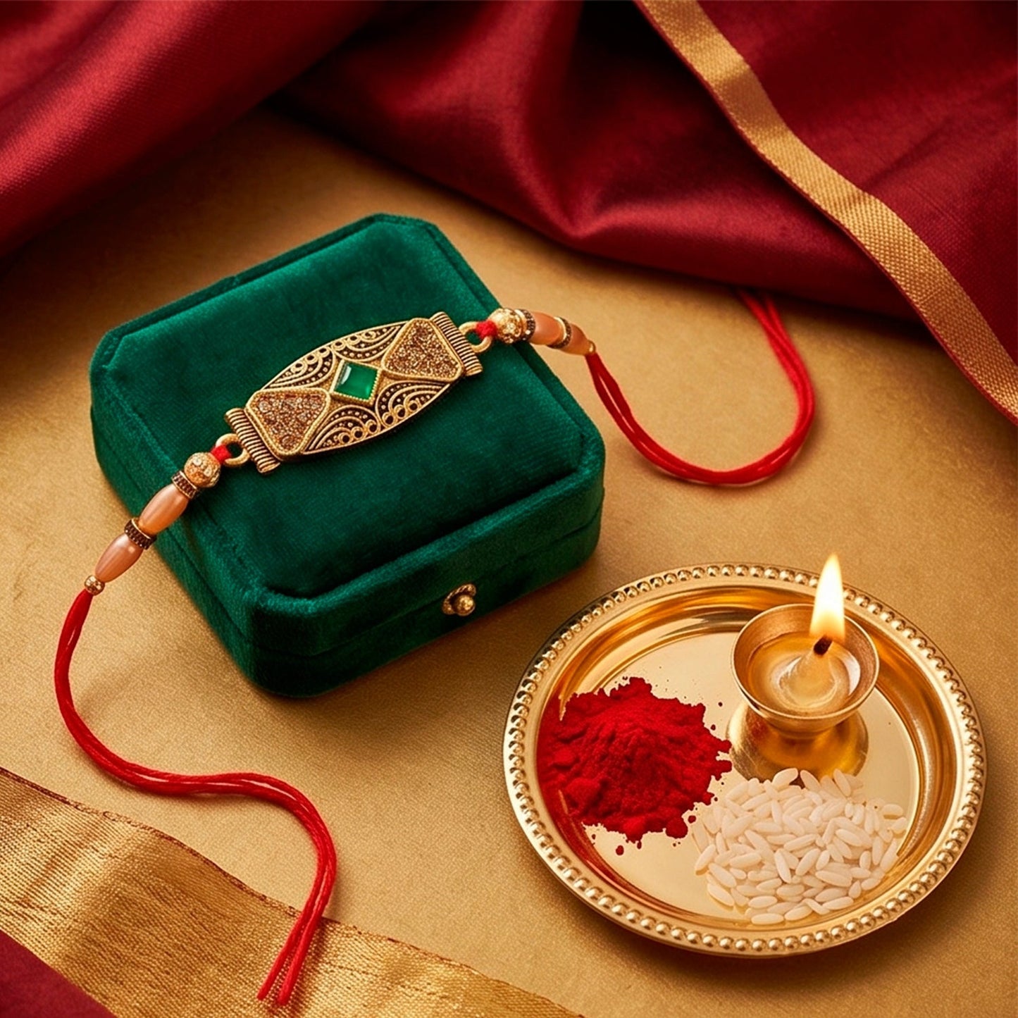 Antique Meenakari Elongated Oval Charm Pearl Bead Thread Rakhi for Brother