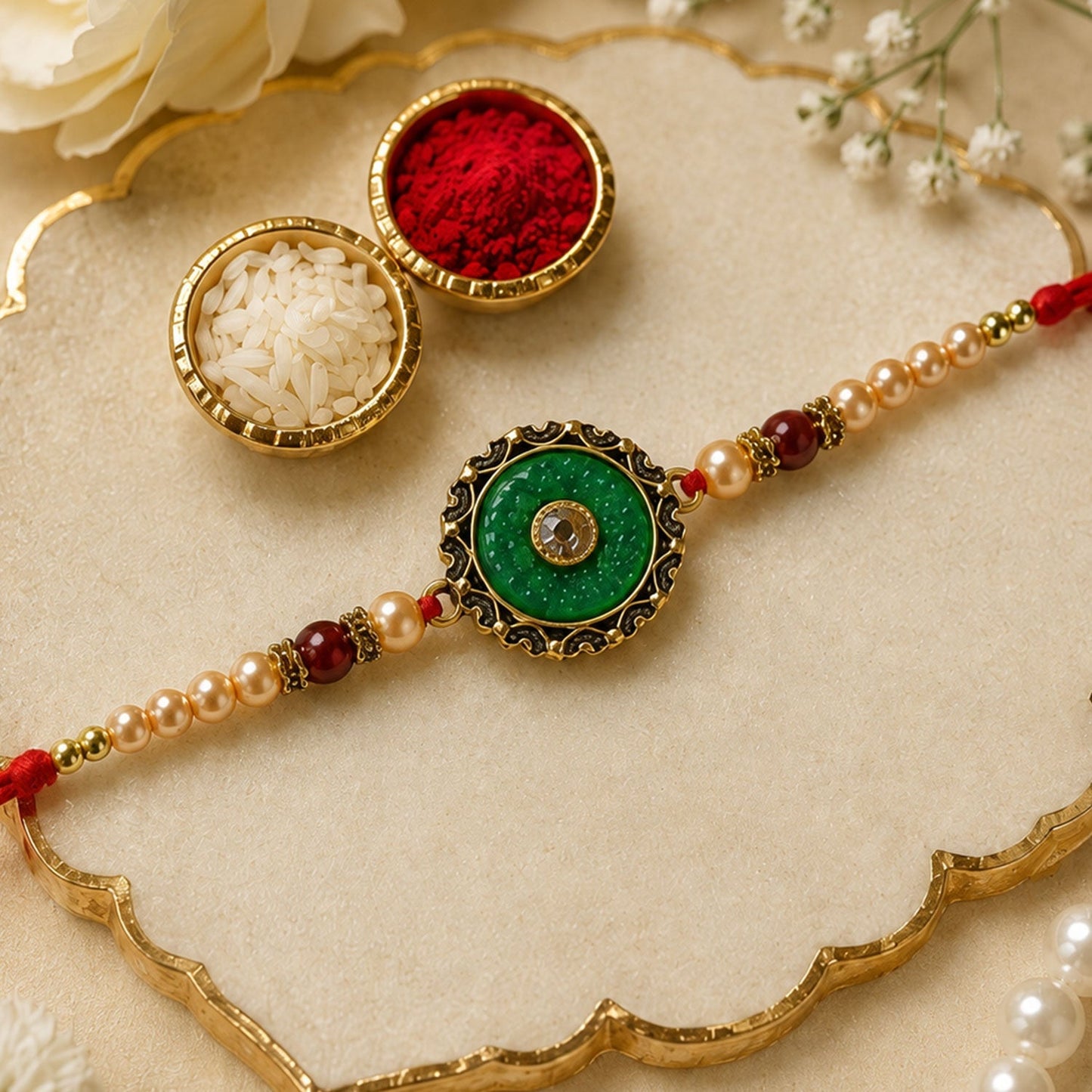 Round Meenakari Enamel Kundan Charm Pearl Bead Rakhi for Brother
