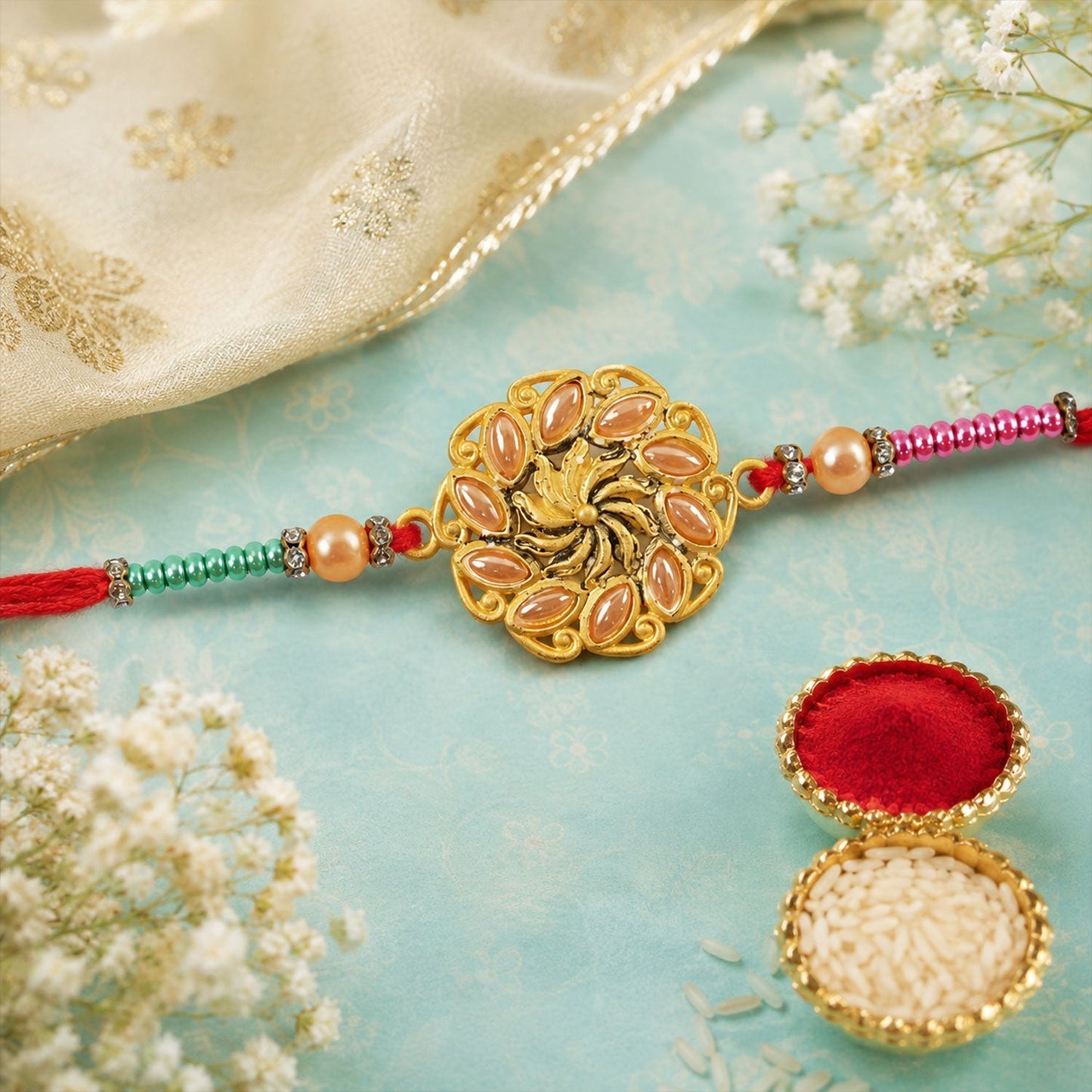 Round Floral Kundan Stone Pearl Bead Rakhi for Brother