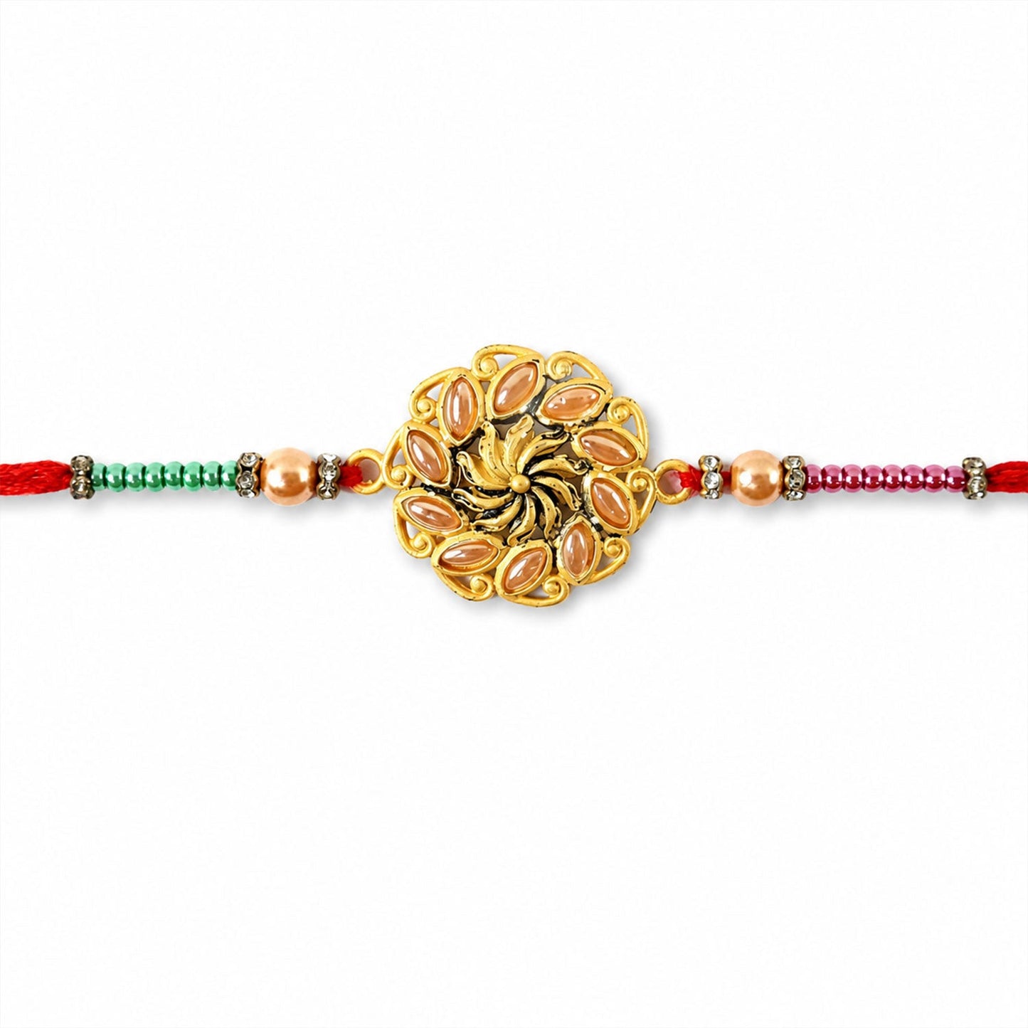Round Floral Kundan Stone Pearl Bead Rakhi for Brother