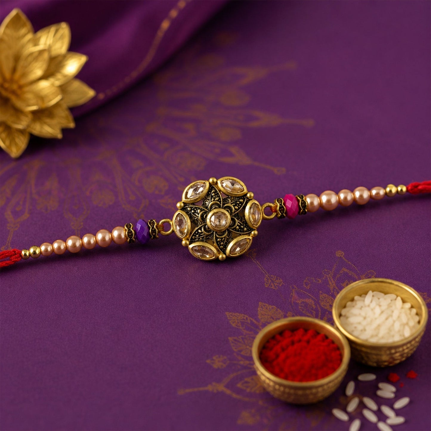 Round Antique Kundan Marquise Floral Charm Pearl Bead Rakhi for Brother