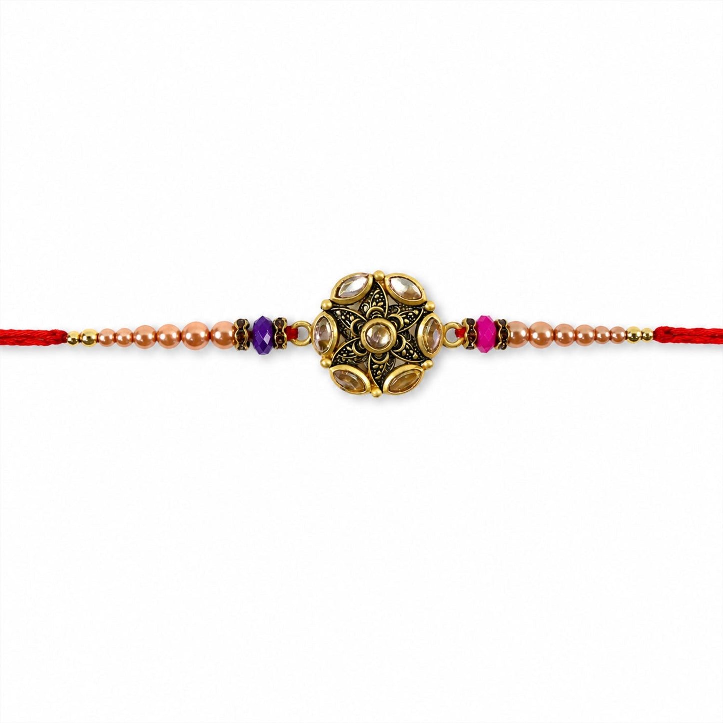 Round Antique Kundan Marquise Floral Charm Pearl Bead Rakhi for Brother