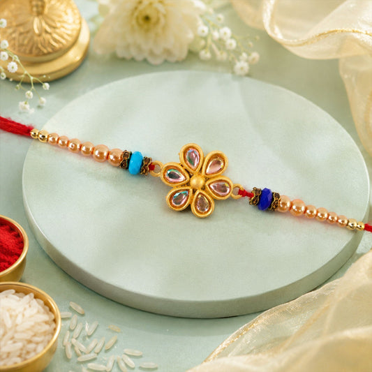 Floral Kundan Stone Charm Pearl Crystal Bead Fancy Thread Rakhi for Brother
