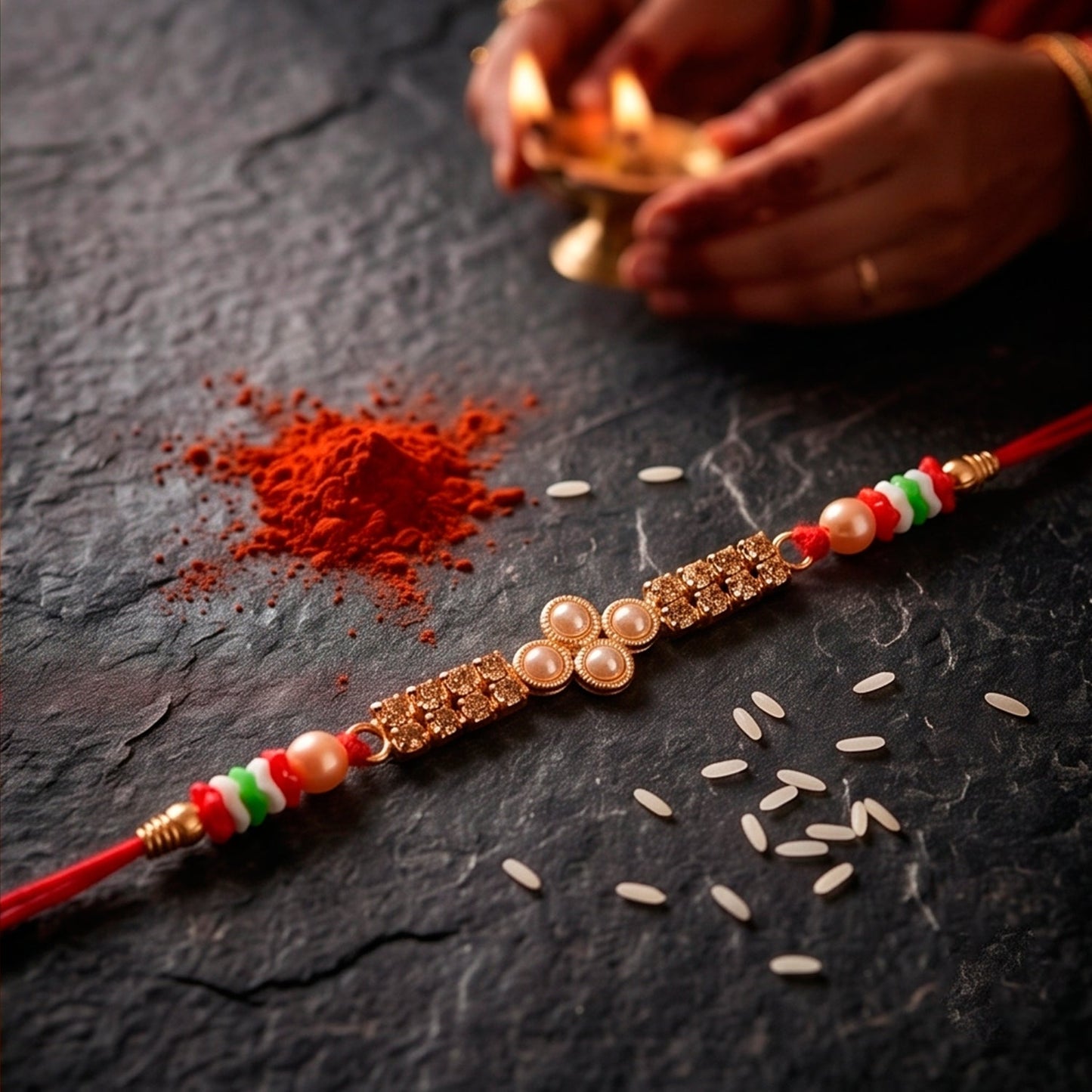 Pearl Bar Crystal Stone Bead Fancy Thread Rakhi for Brother