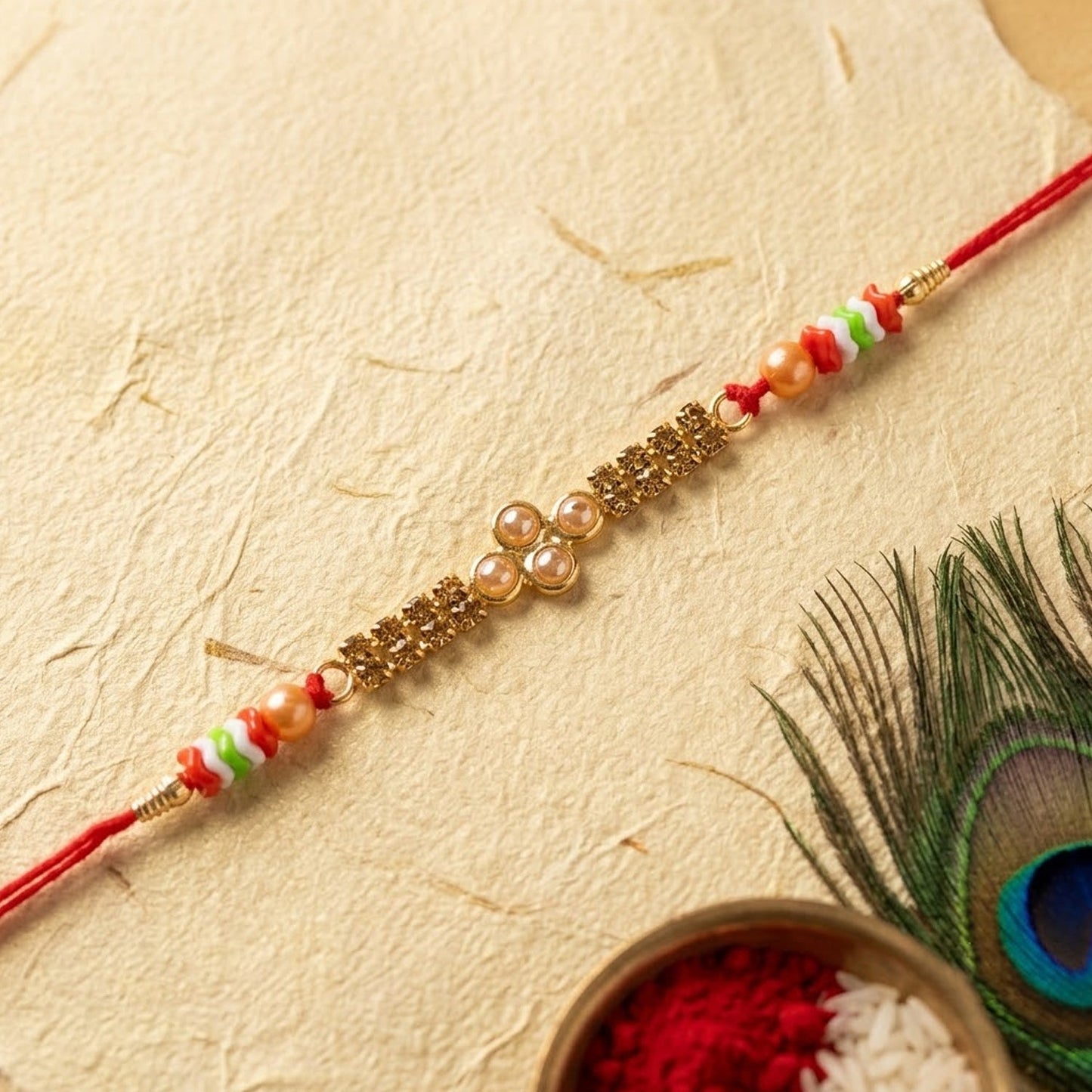 Pearl Bar Crystal Stone Bead Fancy Thread Rakhi for Brother