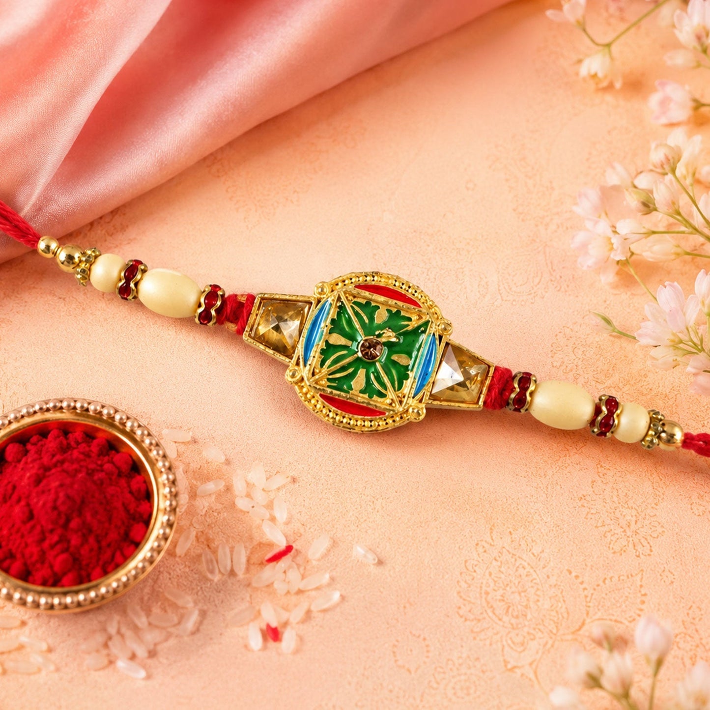 Round Kundan Meenakari Enamel Framed Charm Pearl Bead Rakhi for Brother