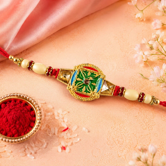 Round Kundan Meenakari Enamel Framed Charm Pearl Bead Rakhi for Brother