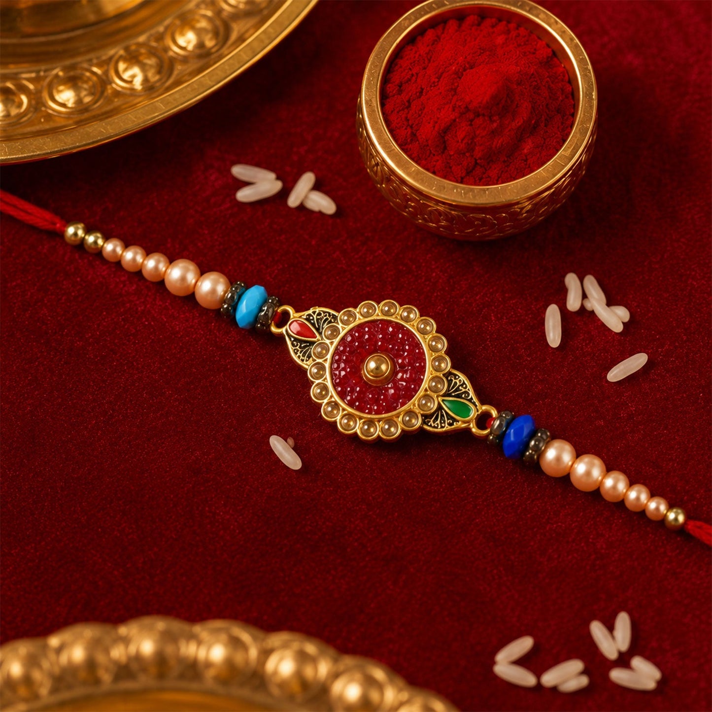 Round Antique Meenakari Enamel Charm Pearl Crystal Bead Rakhi for Brother