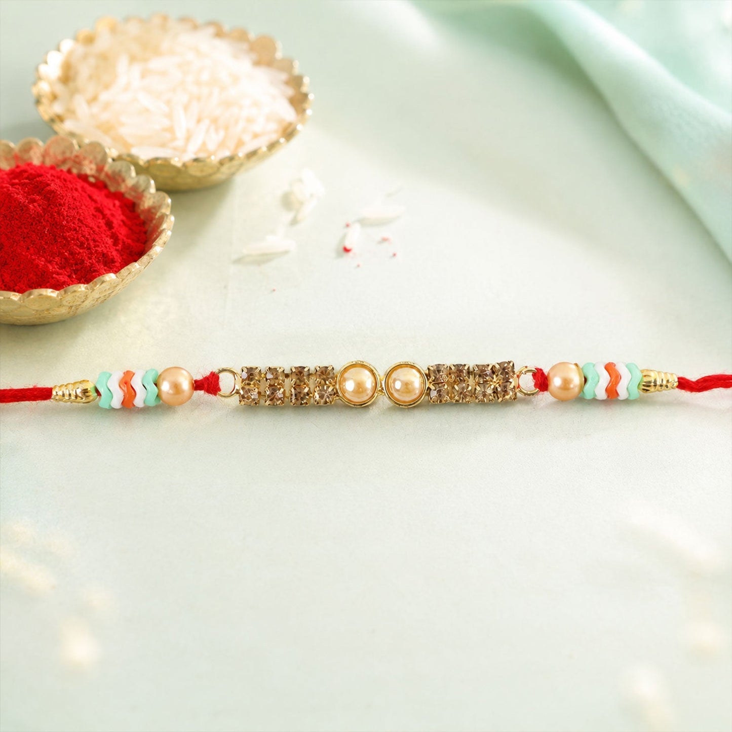 Kundan Pearl Crystal Bead Fancy Decorative Thread Rakhi for Brother