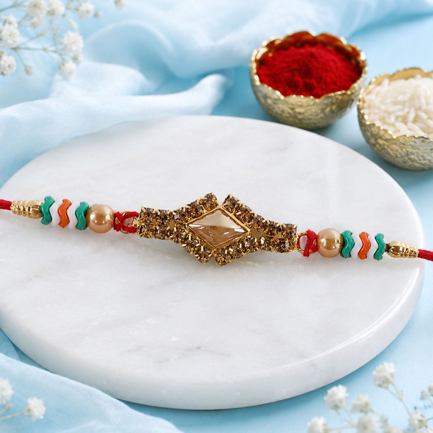 Diamond Kundan Crystal Stone Pearl Bead Fancy Thread Rakhi for Brother