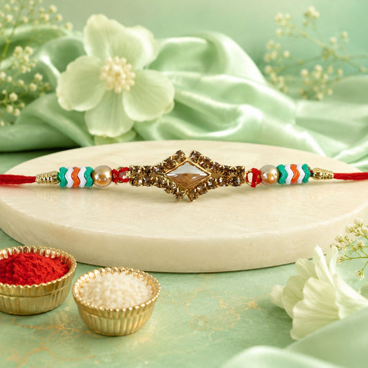 Diamond Kundan Crystal Stone Pearl Bead Fancy Thread Rakhi for Brother