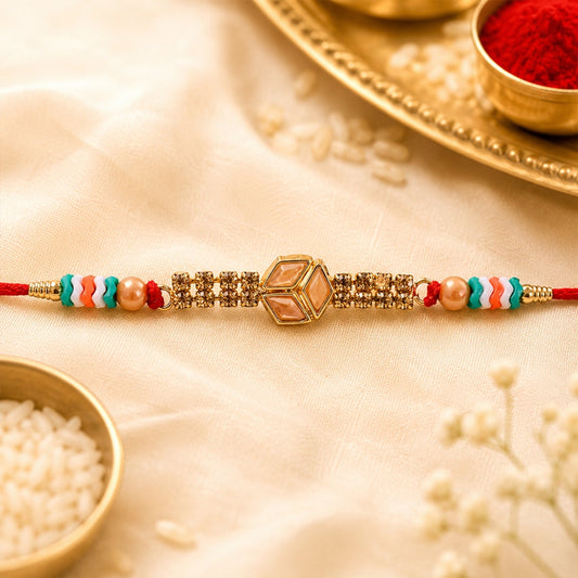 Hexagon Kundan Marquise Stone Crystal Bead Fancy Thread Rakhi for Brother