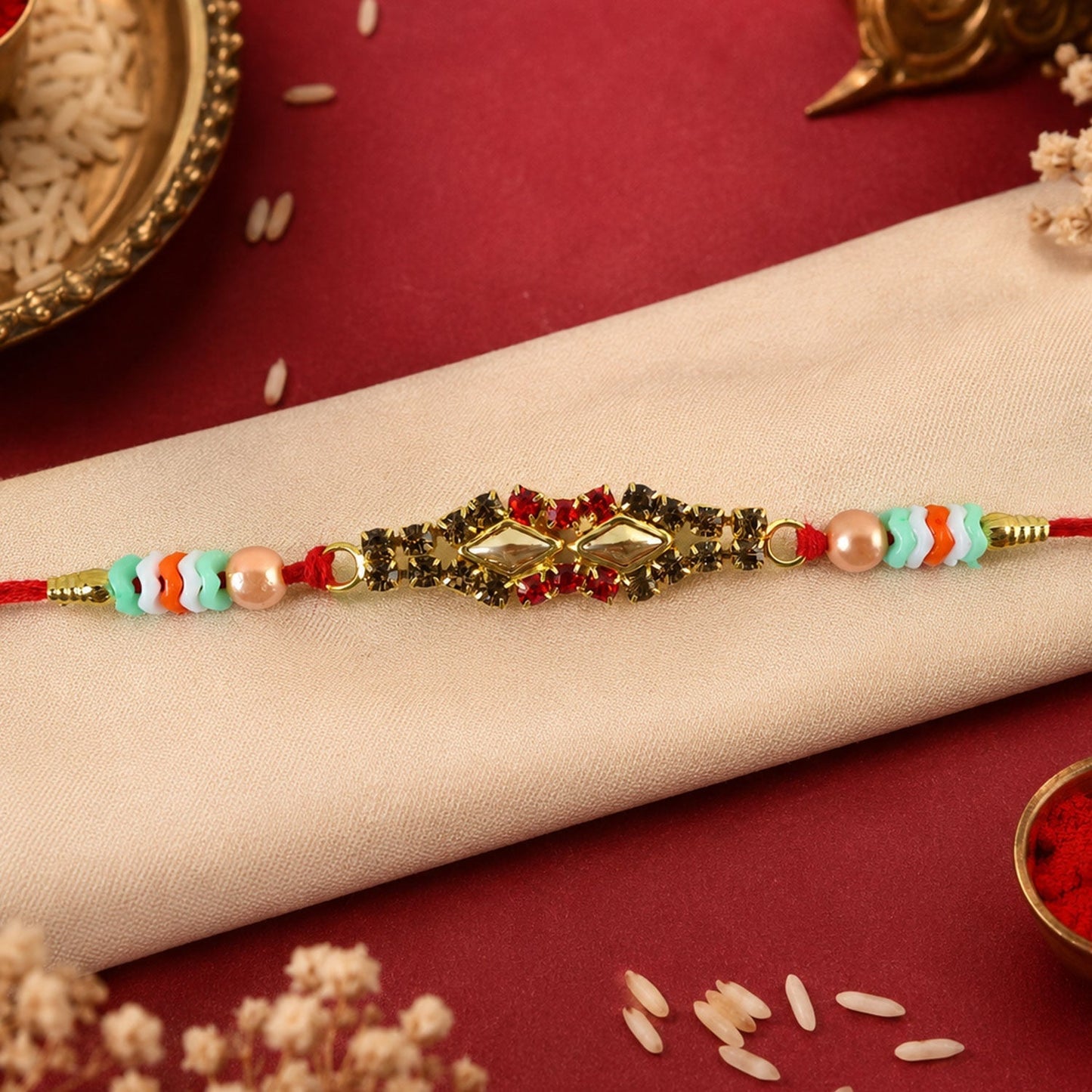 Diamond Kundan Crystal Cluster Pearl Bead Fancy Thread Rakhi for Brother