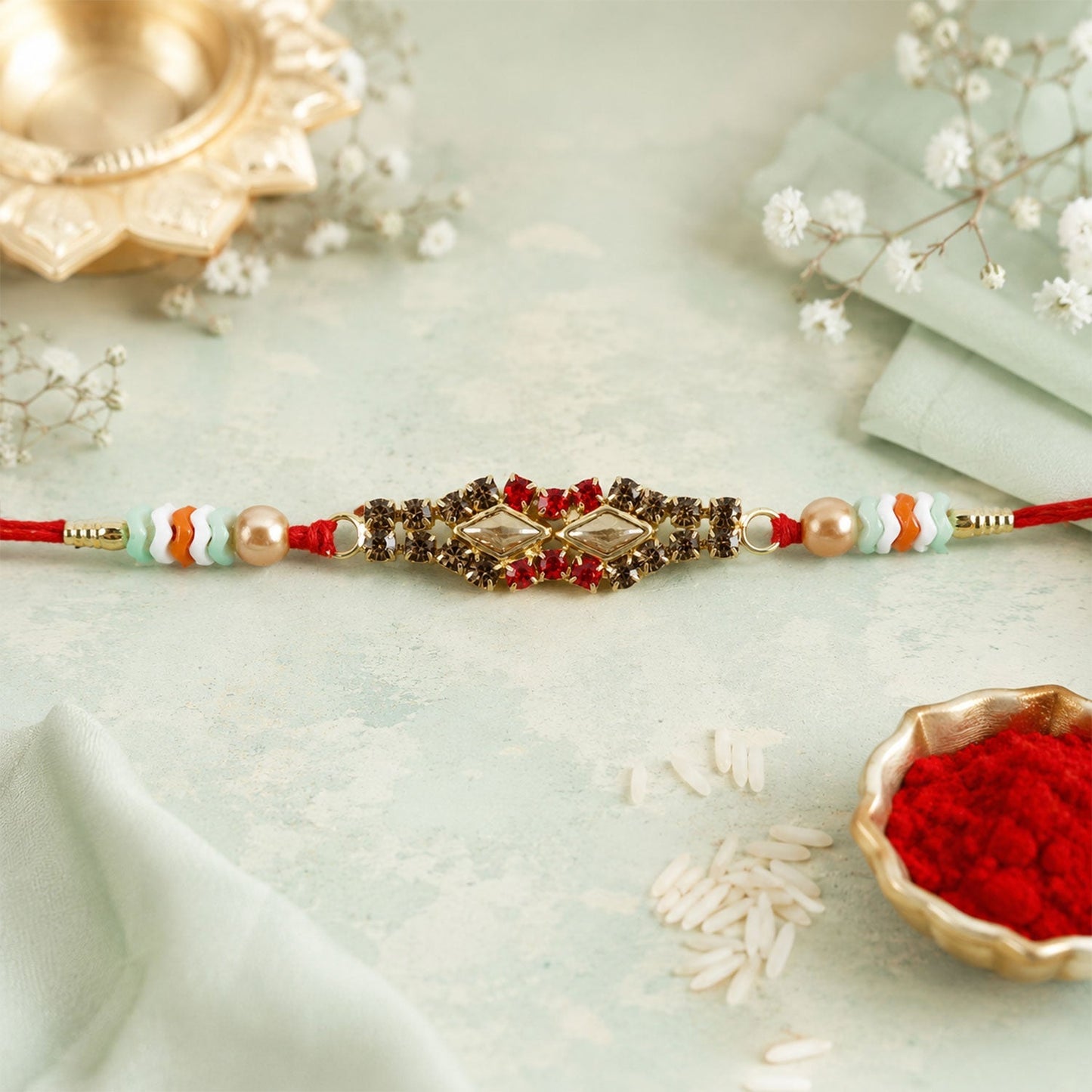 Diamond Kundan Crystal Cluster Pearl Bead Fancy Thread Rakhi for Brother