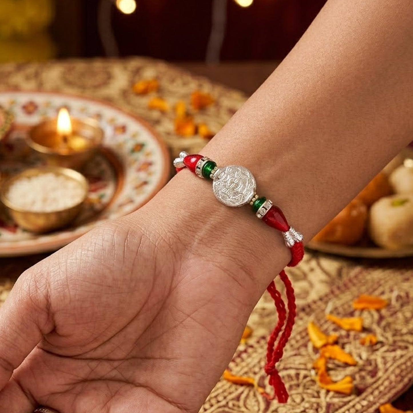 Round Meenakari Kundan Charm Rudraksha Bead Fancy Thread Rakhi for Brother