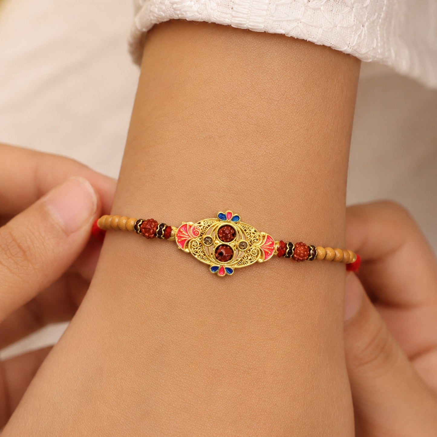 Oval Meenakari Rudraksha Bead Enamel Charm Thread Rakhi for Brother