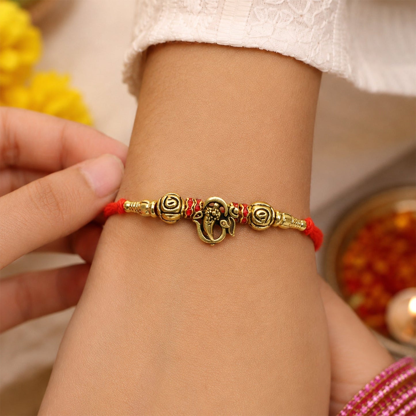 Lord Ganesha Om Antique Charm Round Bead Fancy Thread Rakhi for Brother
