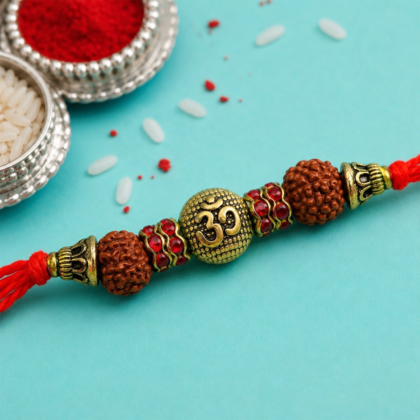 Om Symbol Rudraksha Antique Bead Crystal Fancy Thread Rakhi for Brother