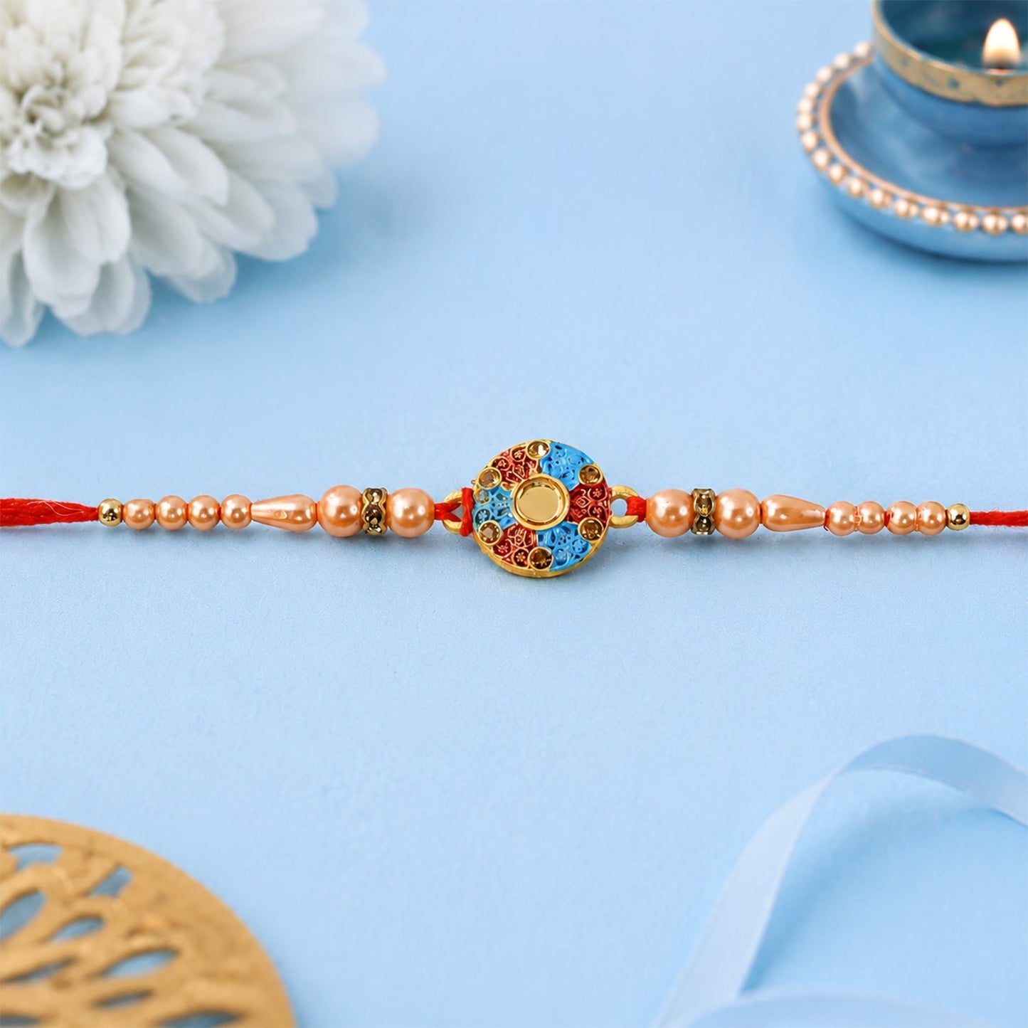 Round Meenakari Enamel Kundan Pearl Bead Fancy Thread Rakhi for Brother