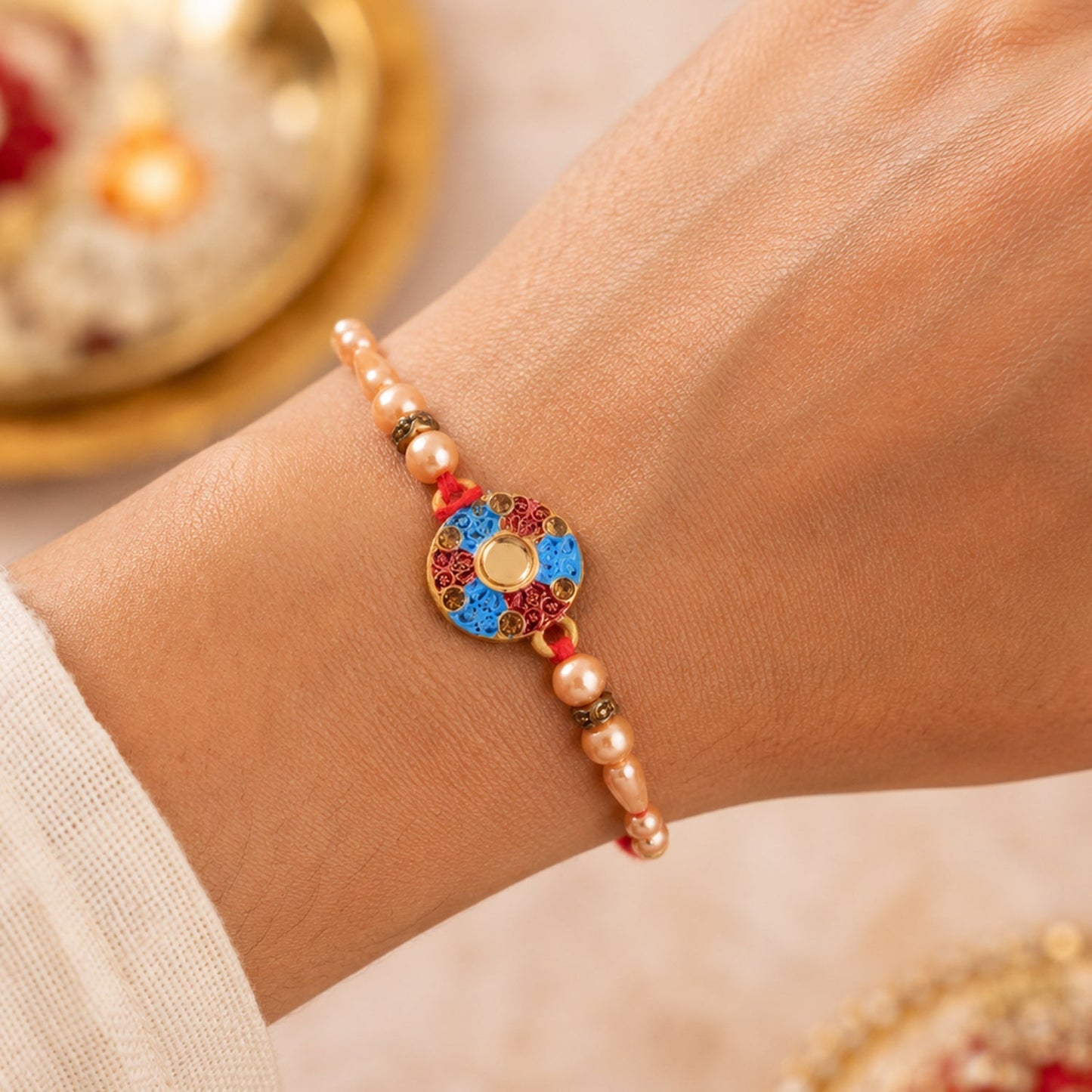 Round Meenakari Enamel Kundan Pearl Bead Fancy Thread Rakhi for Brother