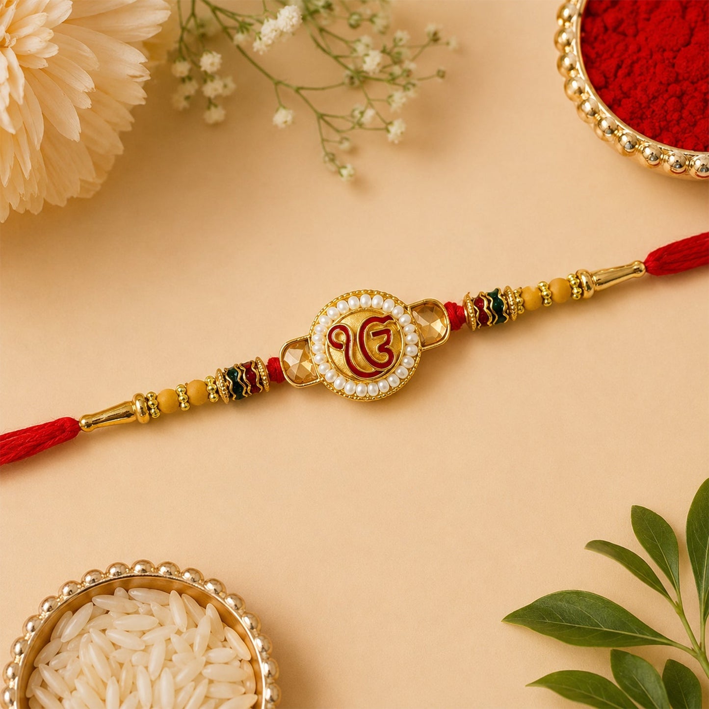 Ik Onkar Sikh Symbol Kundan Pearl Bead Fancy Thread Rakhi for Brother