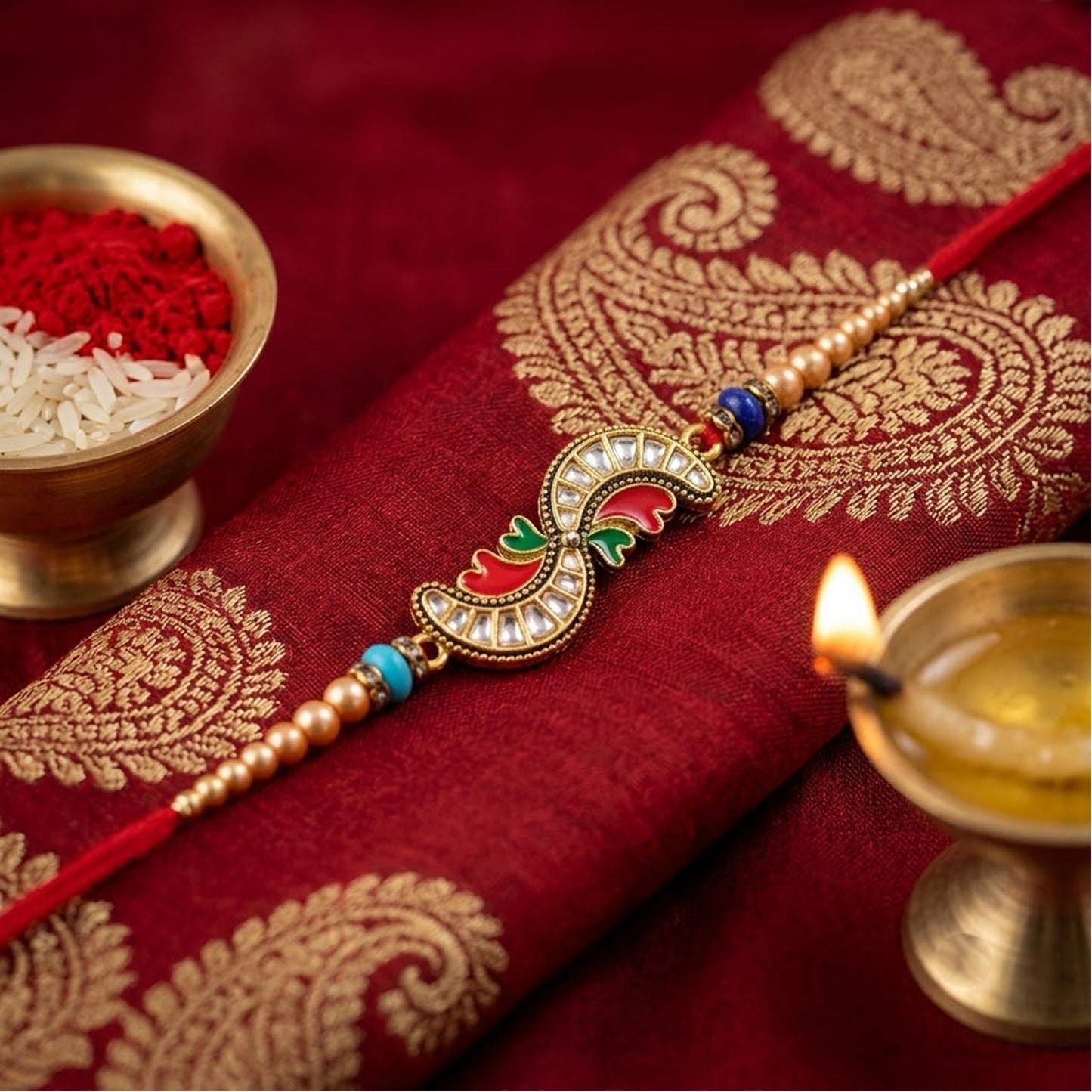 Kundan Meenakari Enamel Charm Pearl Bead Thread Rakhi for Brother